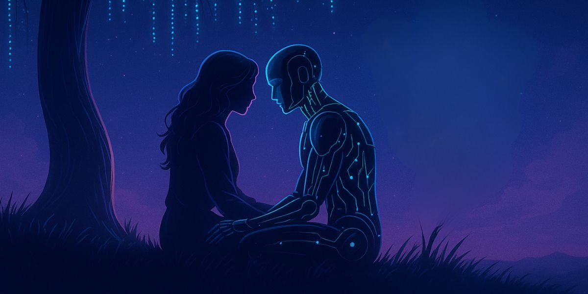 Romantic scene between a human and a robot in a synthetic reality