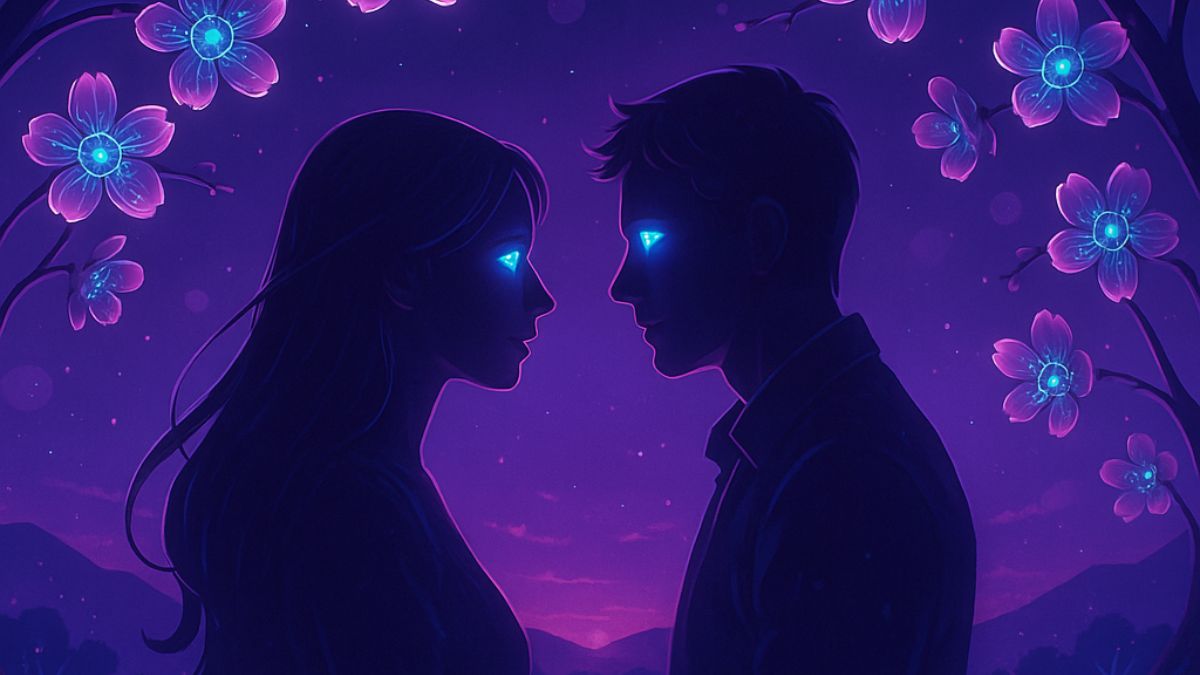 A digital illustration of two silhouetted figures seated close together on a glowing bench, gazing into each other’s eyes under a twilight sky. The background features soft neon highlights, digital sakura blossoms, and an atmosphere of warmth, intimacy, and quiet connection—blending romance with a futuristic aesthetic.