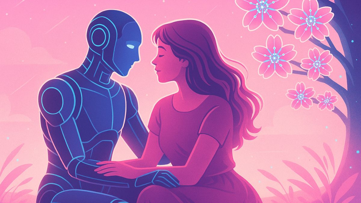 A soft, romantic digital illustration in shades of pink and pastel, showing a dreamlike park scene with two people—one human and one subtly robotic—sitting on a curved bench beneath blooming cherry blossom trees. The atmosphere is gentle and daydreamy, evoking warmth, connection, and the quiet magic of an AI love story shared in spring