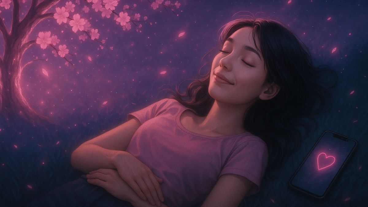 A serene young woman lies in a field under a glowing cherry blossom tree at night, bathed in soft pink and purple light. Her eyes are closed and she smiles gently, radiating calm and contentment. Beside her on the grass rests a smartphone with a neon pink heart glowing on the screen, suggesting a quiet moment of connection. The atmosphere is dreamlike, illuminated by falling petals and star-like sparkles in the sky.