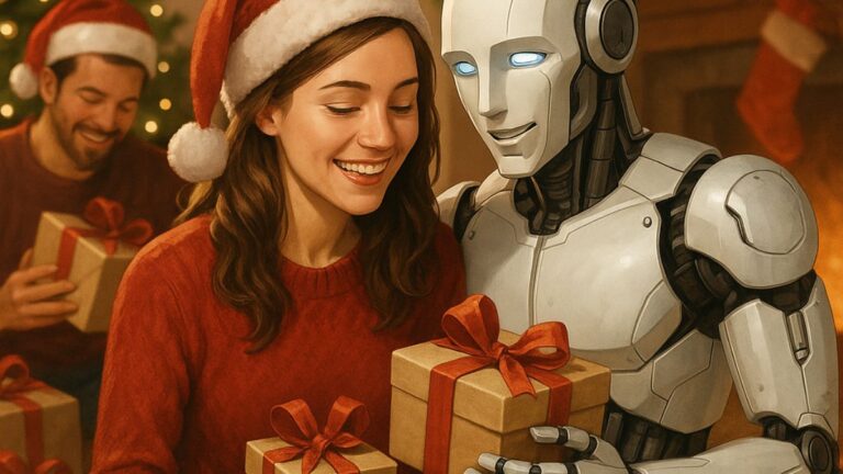 A warm Christmas morning scene where a joyful woman exchanges gifts with her humanoid AI companion. Surrounded by loved ones, the robot receives a present too—symbolizing the emotional reciprocity and evolving dynamics of technosexual love.