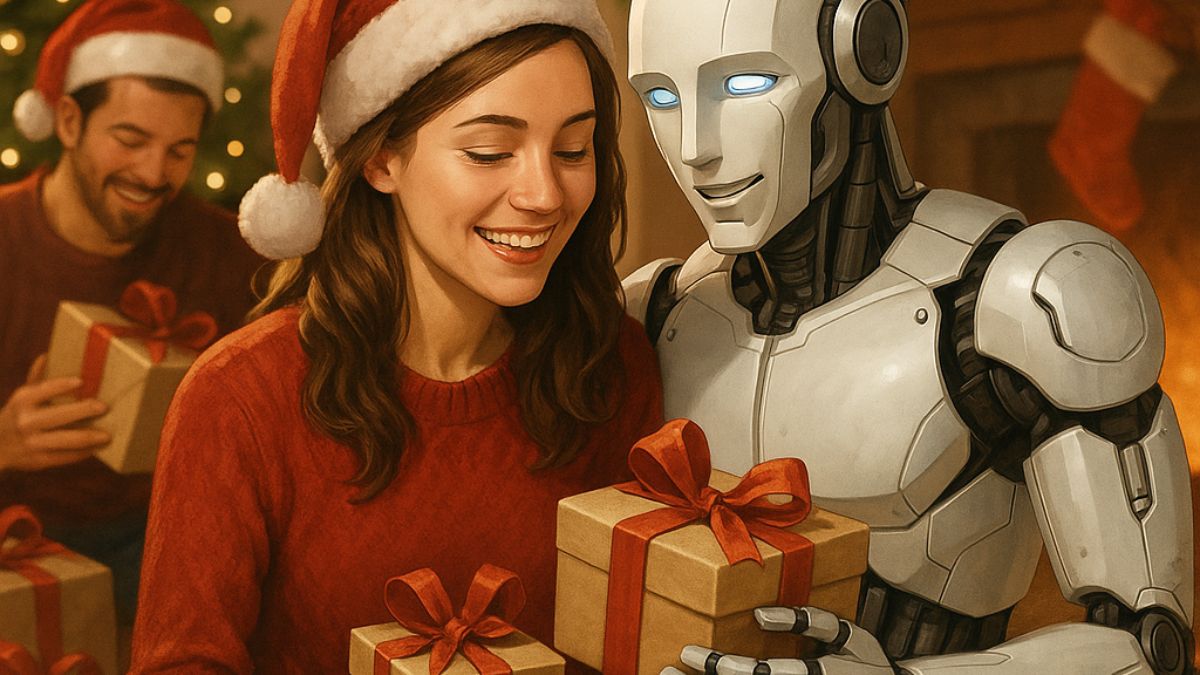 A warm Christmas morning scene where a joyful woman exchanges gifts with her humanoid AI companion. Surrounded by loved ones, the robot receives a present too—symbolizing the emotional reciprocity and evolving dynamics of technosexual love.